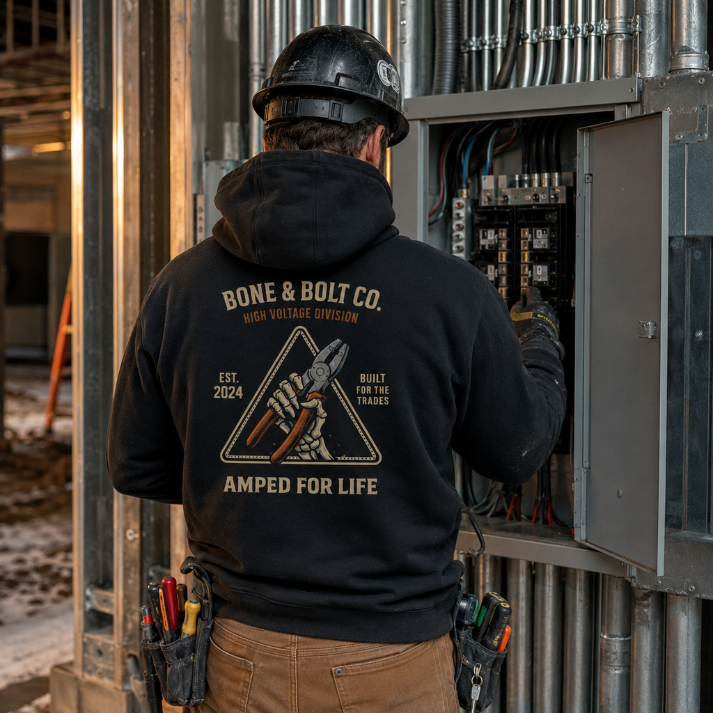 Electrician wearing Amped for Life hoodie