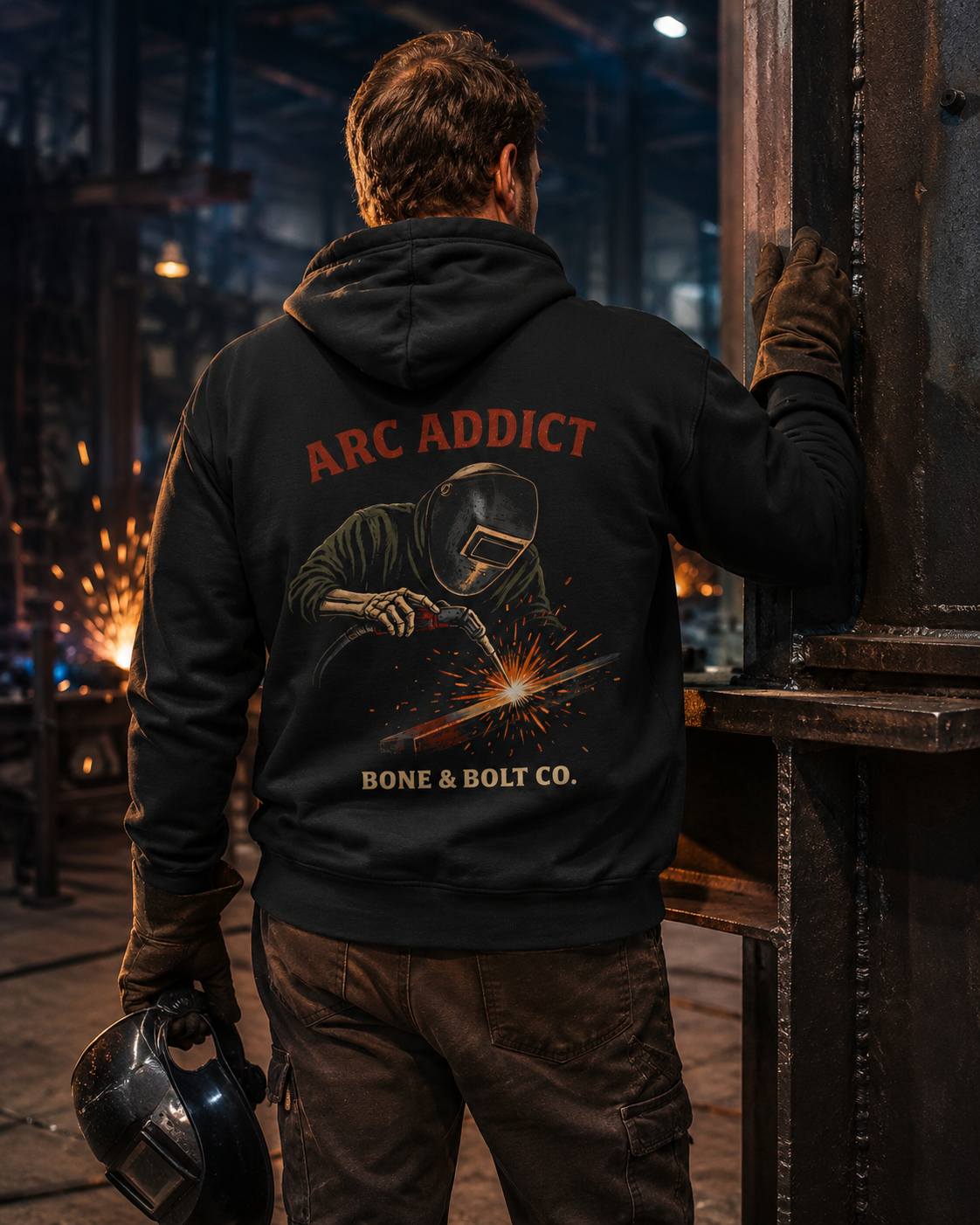 Welder wearing the Arc Addict hoodie in an industrial fabrication shop