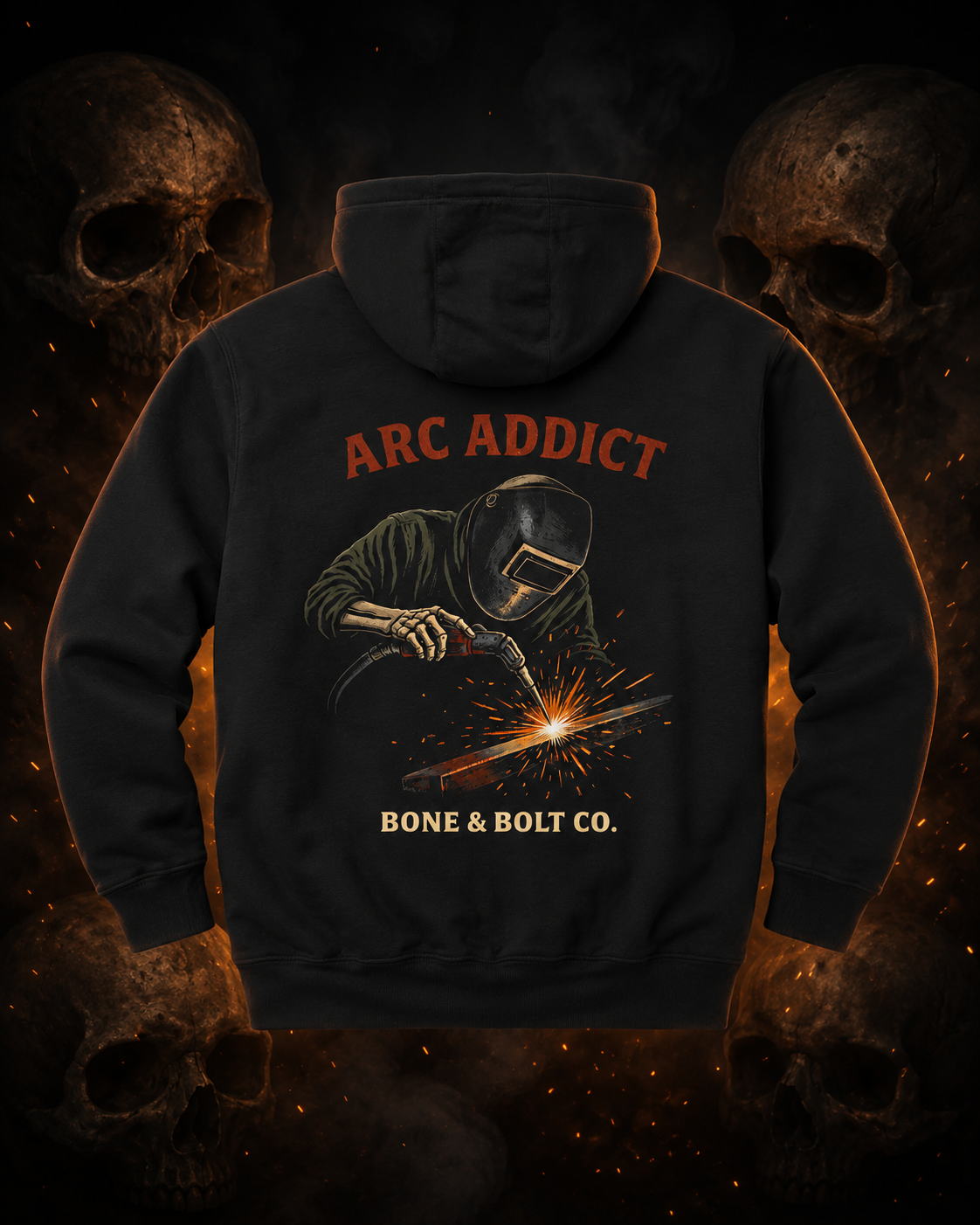 Arc Addict hoodie primary image on dark smoky skull background