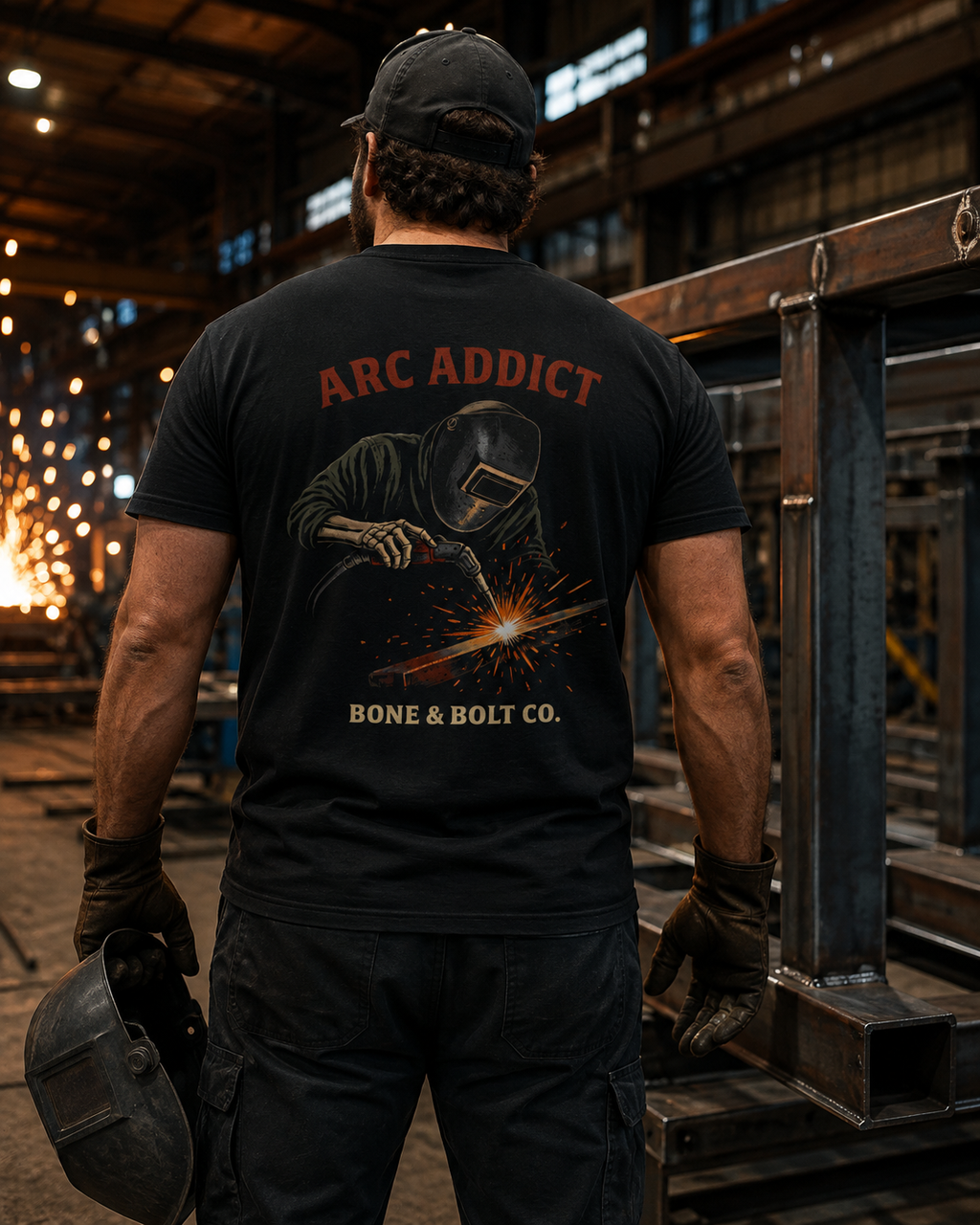Welder wearing the Arc Addict tee in an industrial fabrication shop