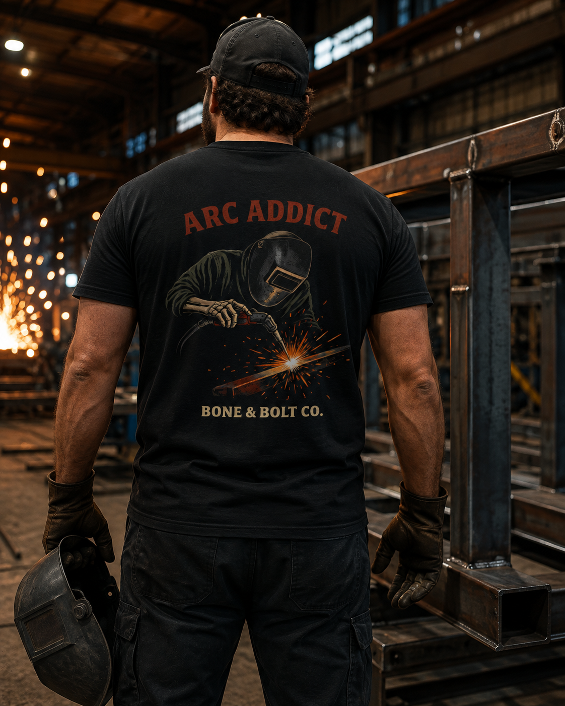 Welder wearing the Arc Addict tee in an industrial fabrication shop