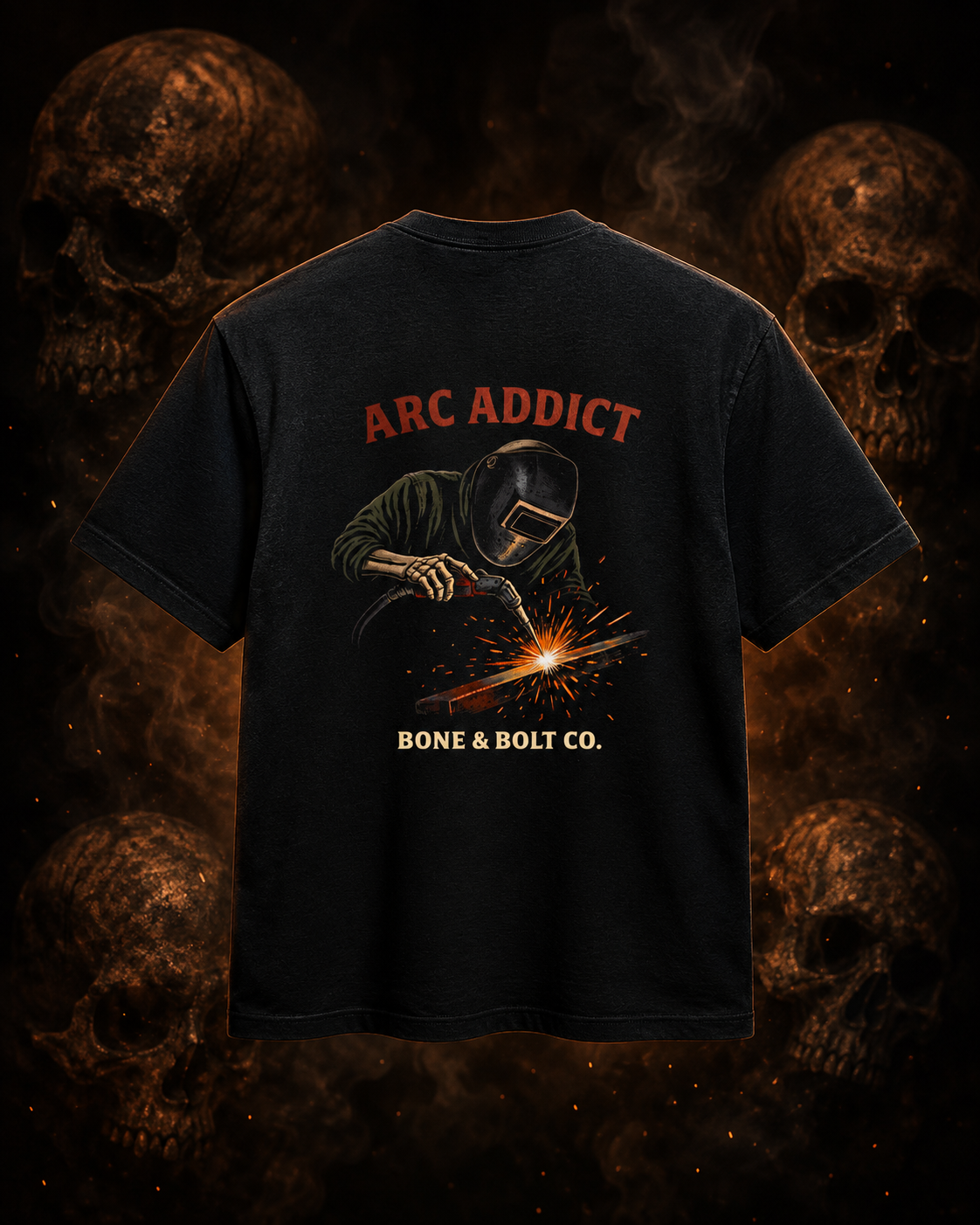 Arc Addict tee primary image on dark smoky skull background