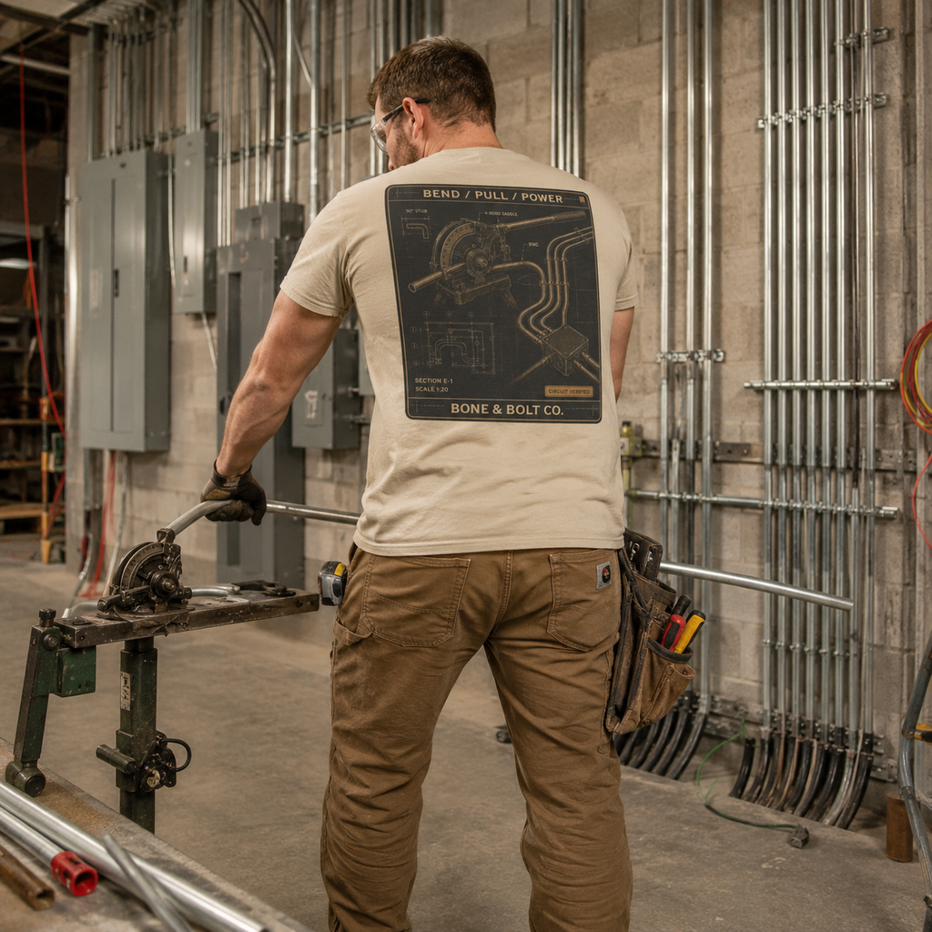 Electrician wearing Bend Pull Power tee while bending conduit