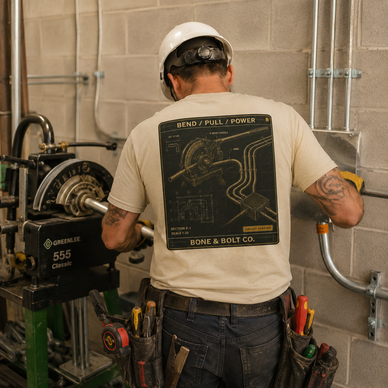 Electrician wearing Bend Pull Power tee