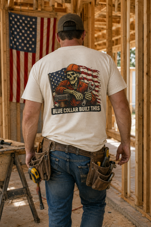 Carpenter wearing Blue Collar Built This T-shirt
