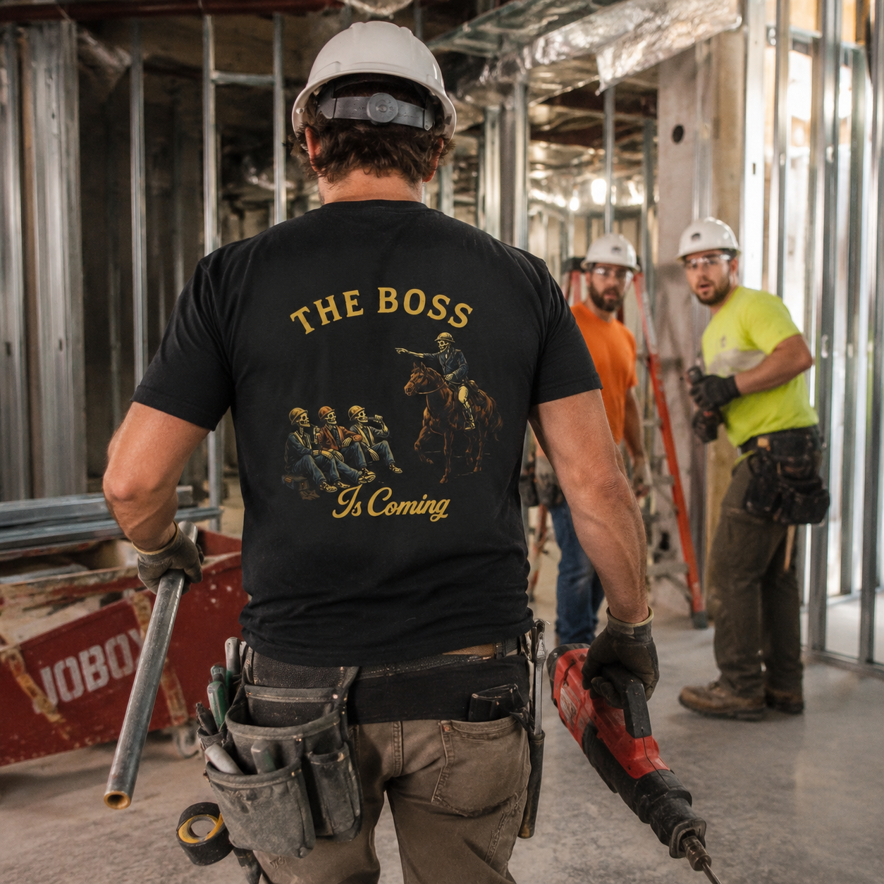 Construction worker wearing The Boss Is Coming graphic tee on a jobsite