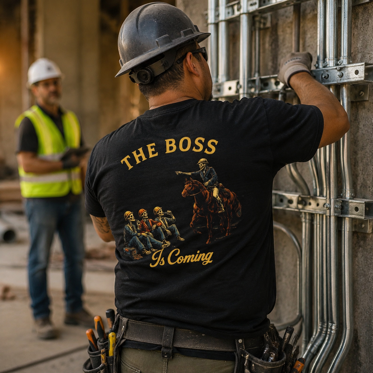 Electrician wearing The Boss Is Coming tee