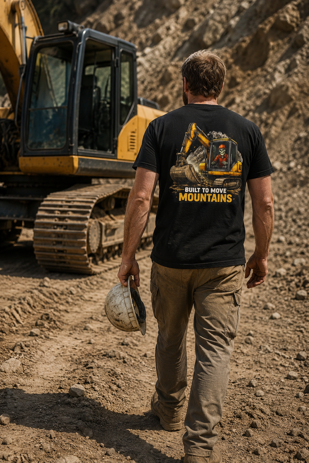 Heavy equipment operator wearing Built To Move Mountains T-Shirt