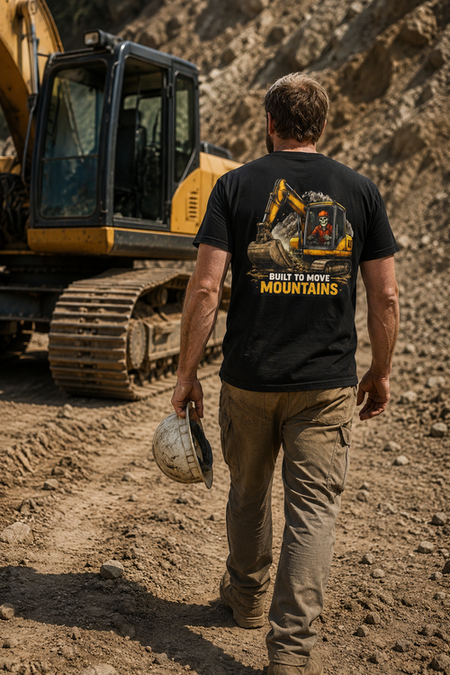Heavy equipment operator wearing Built To Move Mountains T-Shirt