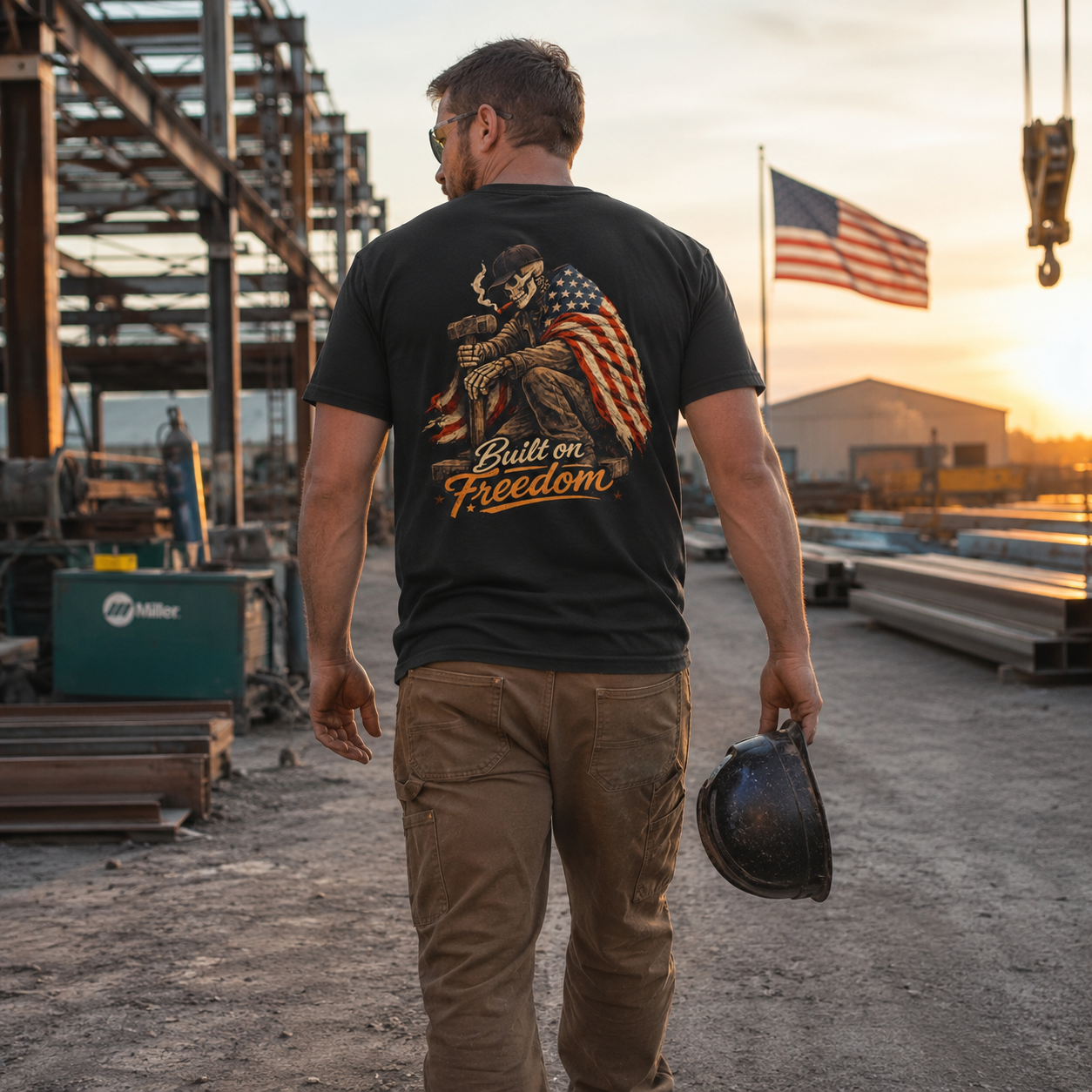 Tradesman wearing Built on Freedom graphic tee in a fabrication yard