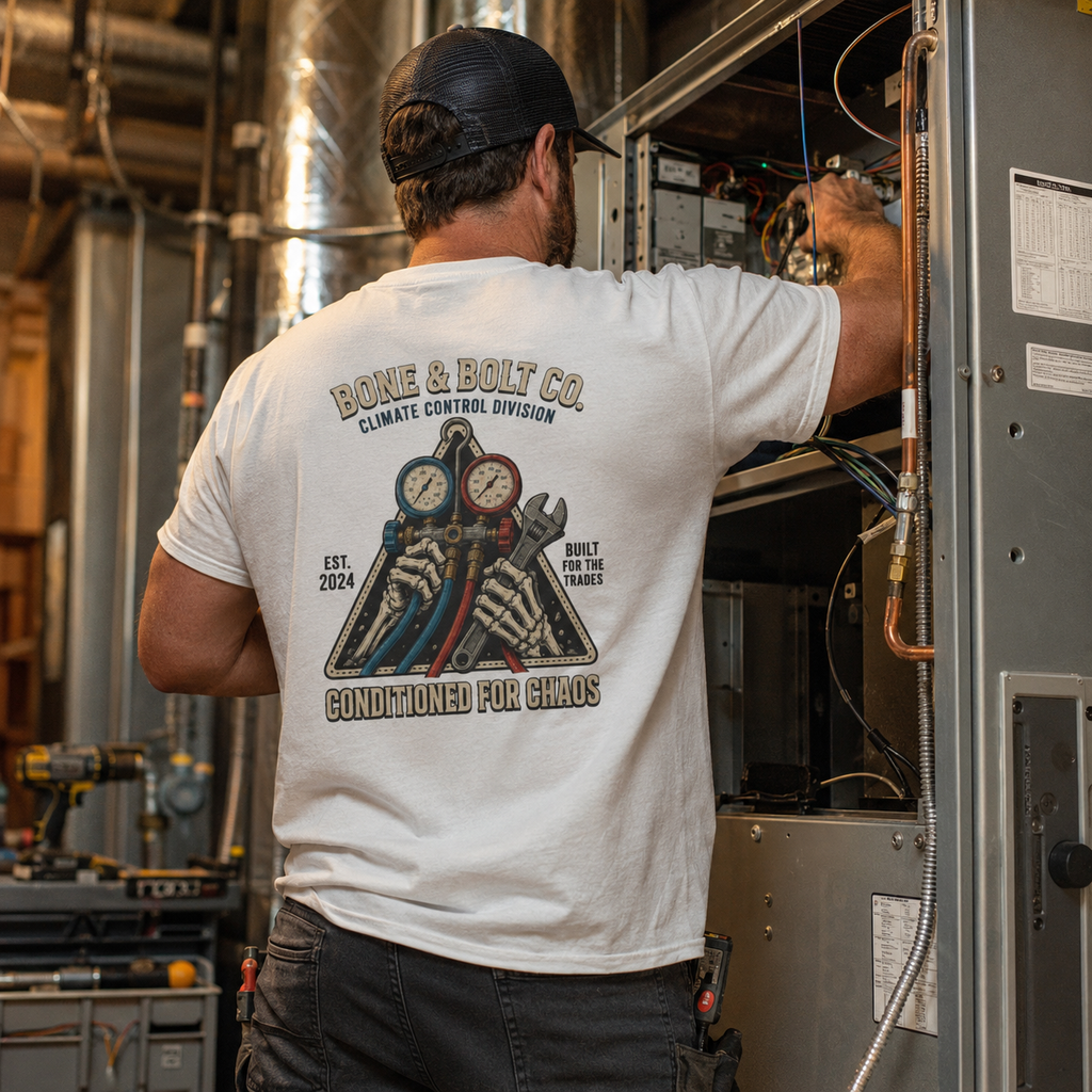 HVAC technician wearing Climate Control Division tee