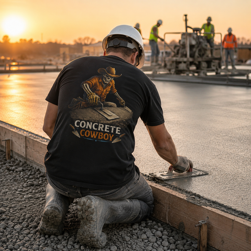 Concrete finisher wearing Concrete Cowboy tee while finishing a slab