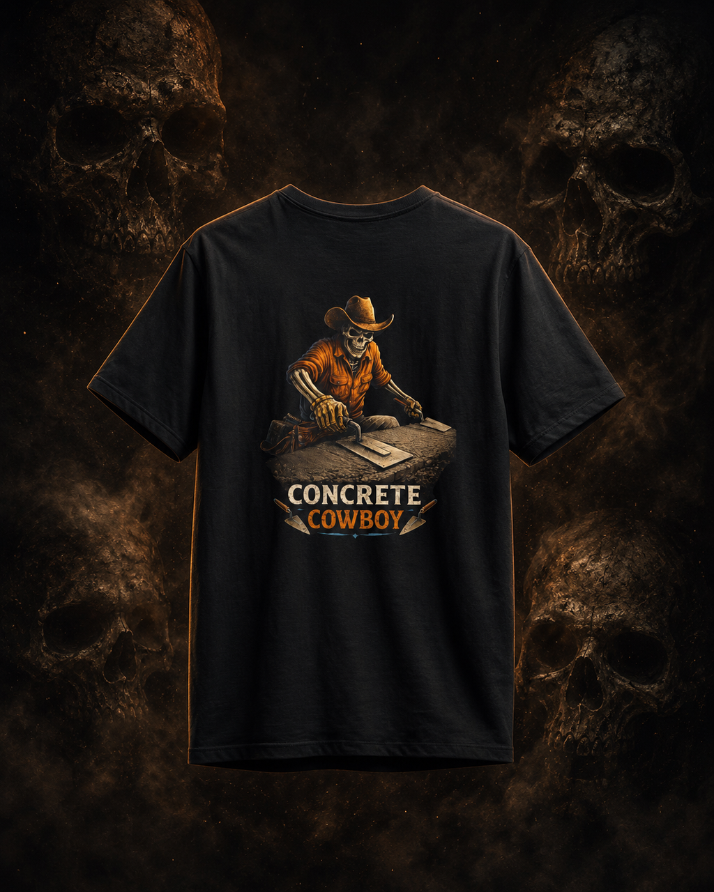 Concrete Cowboy T-Shirt primary image on dark smoky skull background