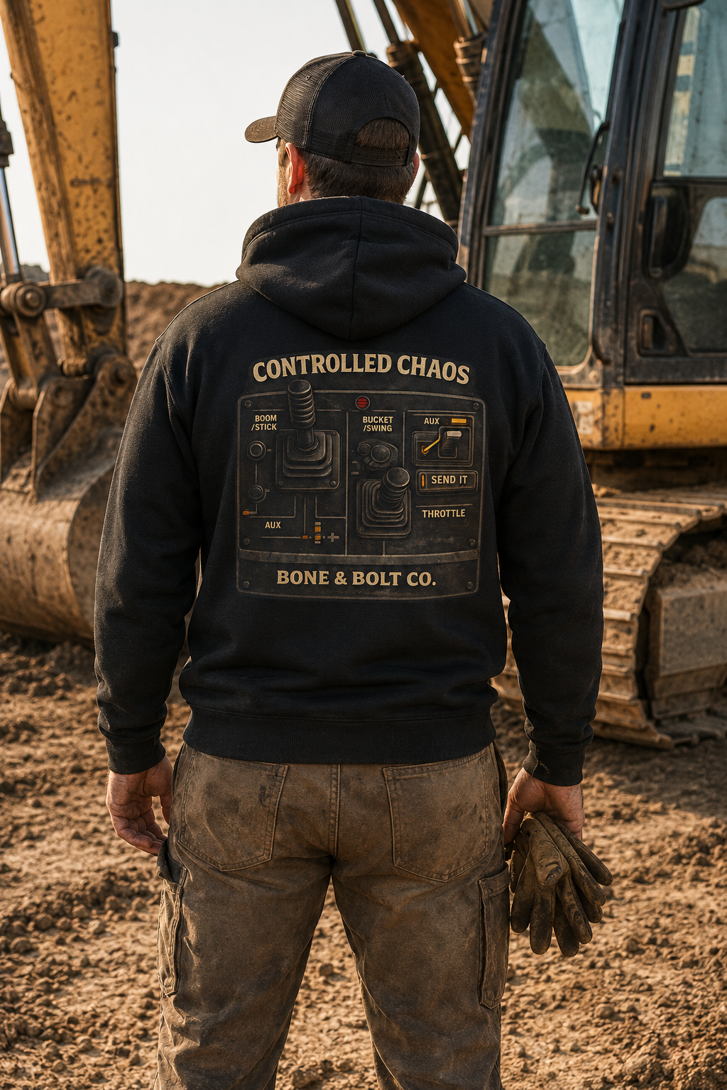 Heavy equipment operator wearing Controlled Chaos Graphic Hoodie