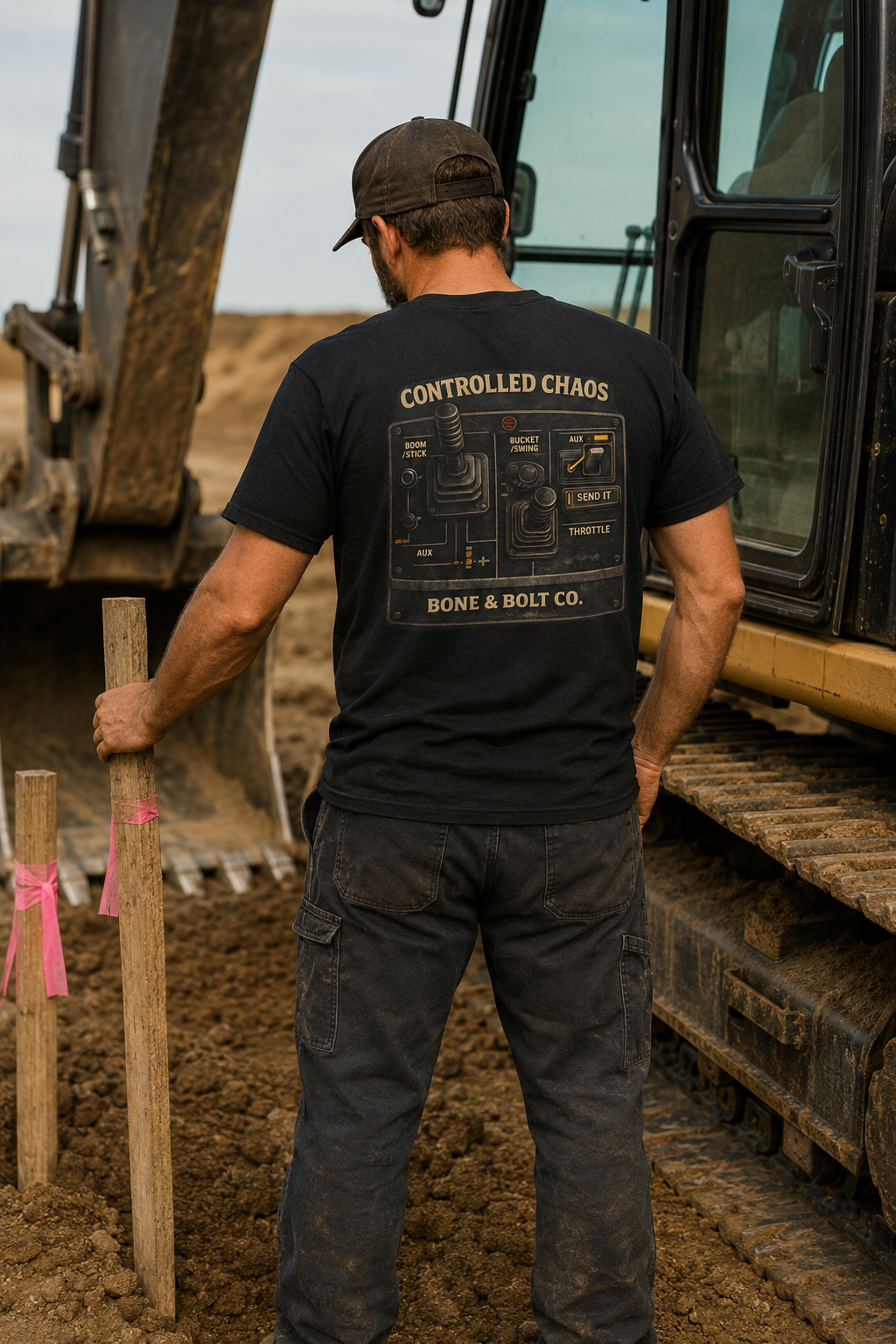 Heavy equipment operator wearing Controlled Chaos Graphic Tee