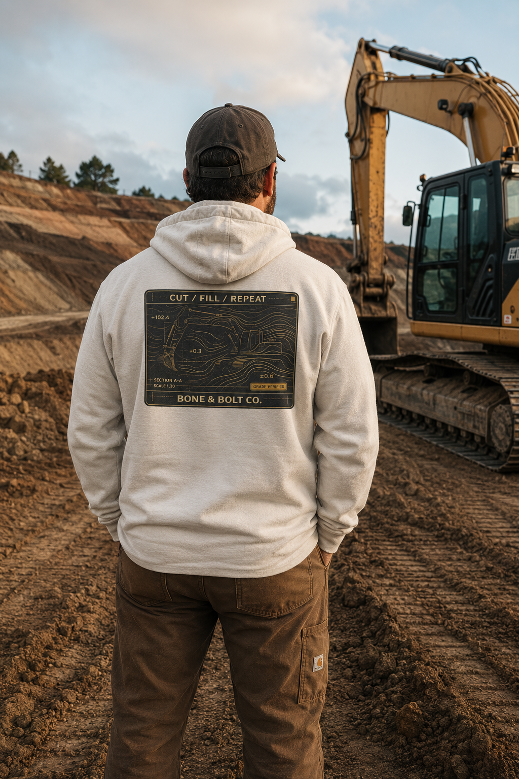 Heavy equipment operator wearing Cut Fill Repeat Graphic Hoodie