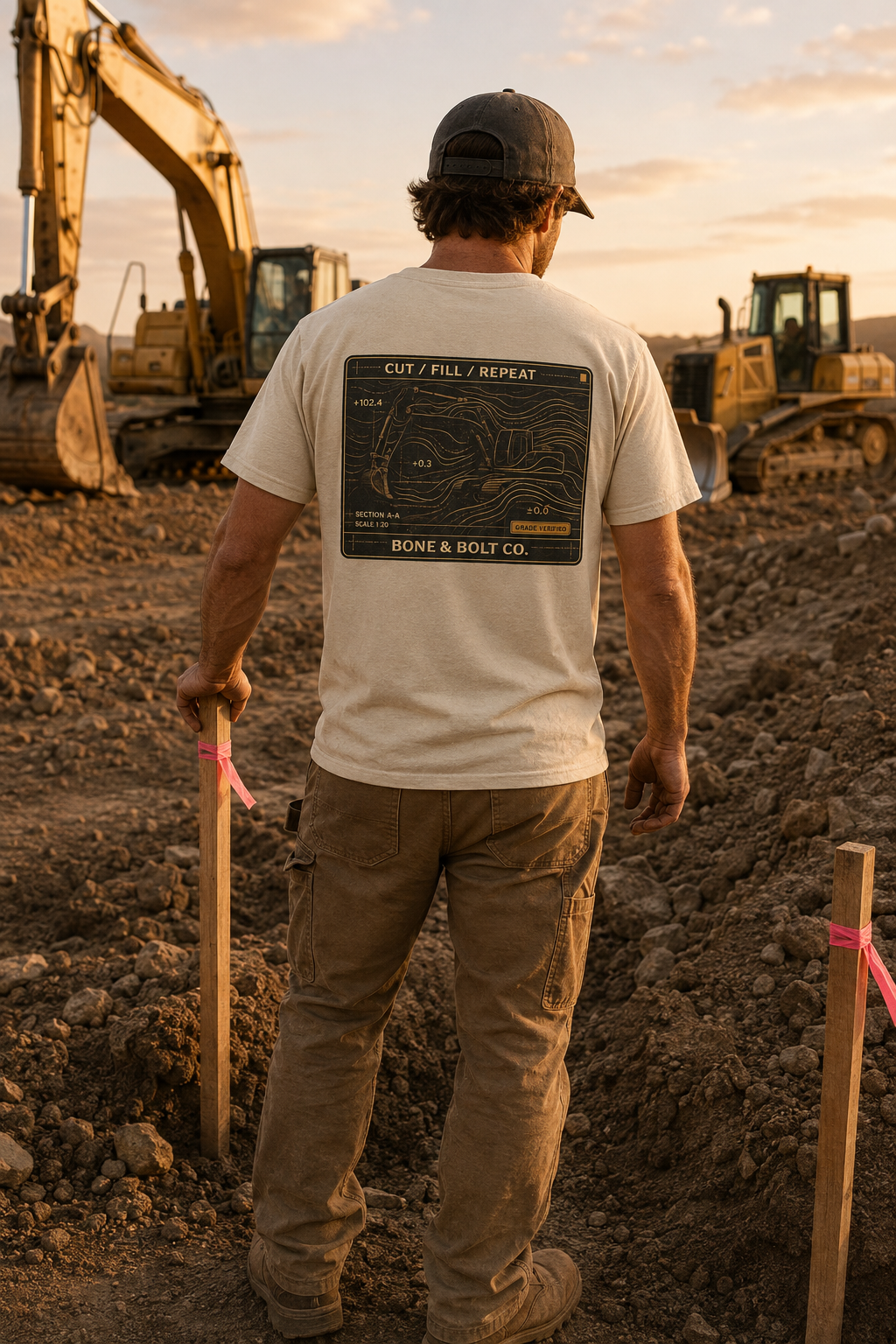 Heavy equipment operator wearing Cut Fill Repeat Graphic Tee