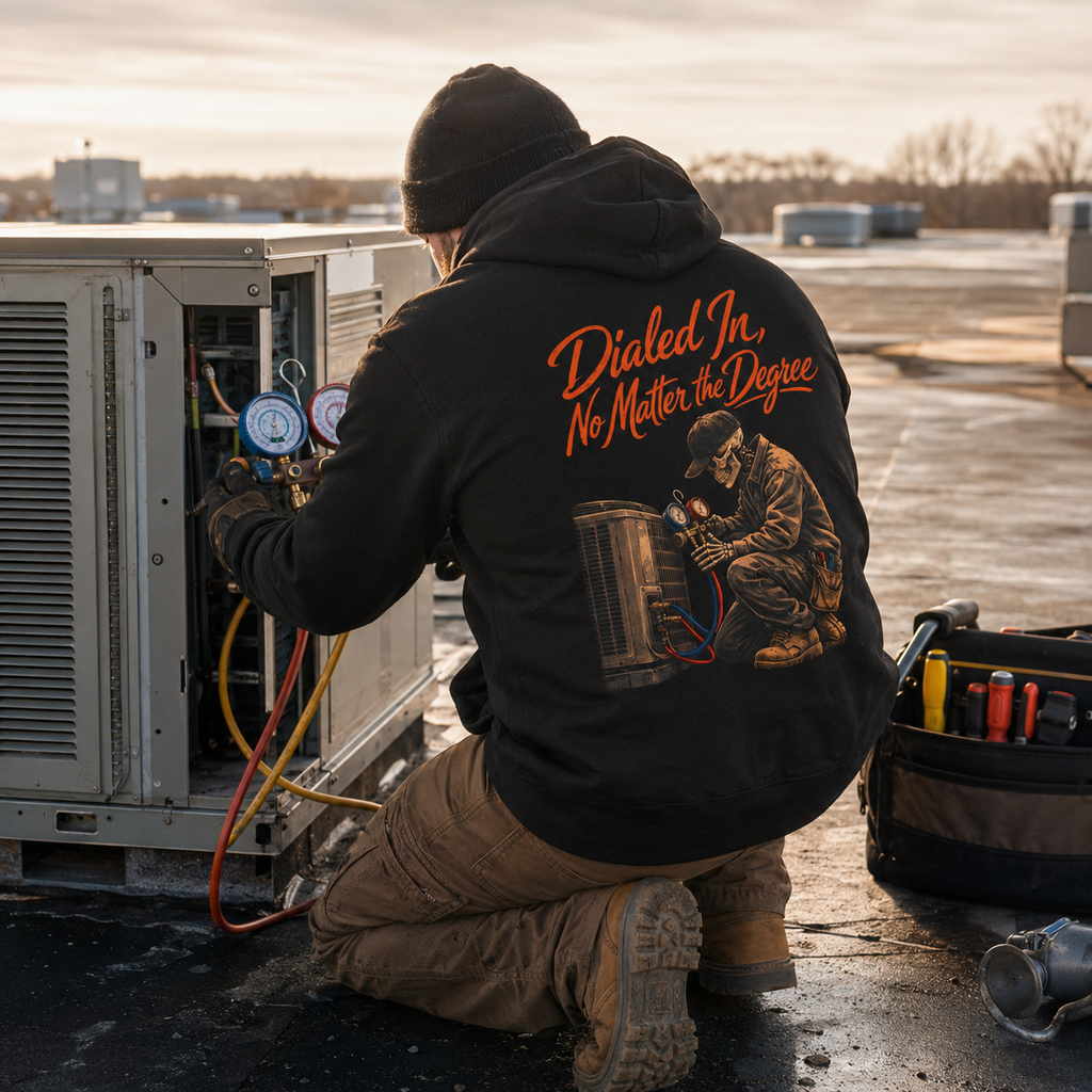HVAC technician wearing Dialed In No Matter The Degree hoodie