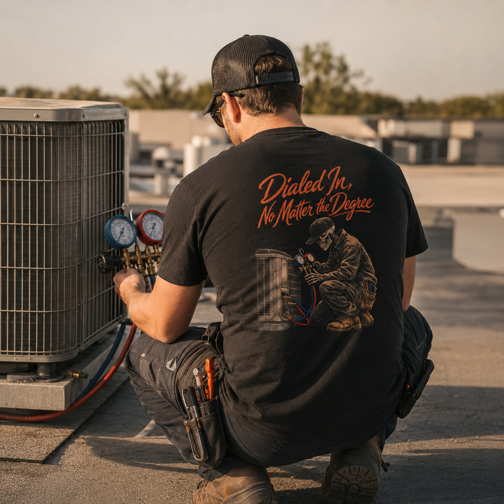 HVAC technician wearing Dialed In No Matter The Degree tee