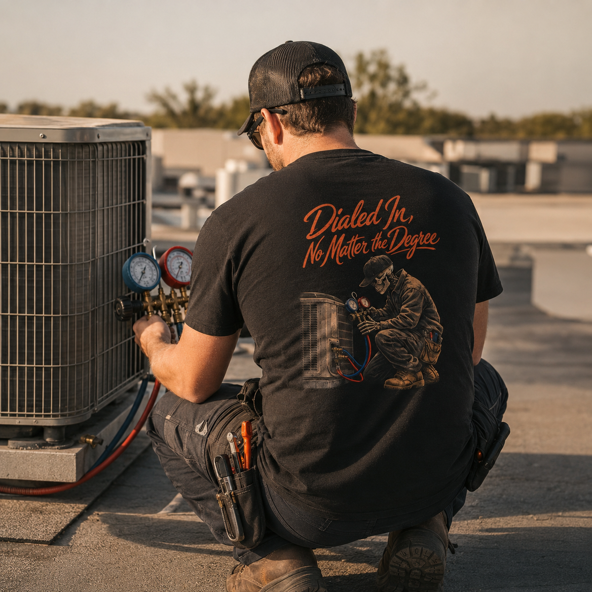 HVAC technician wearing Dialed In No Matter The Degree tee
