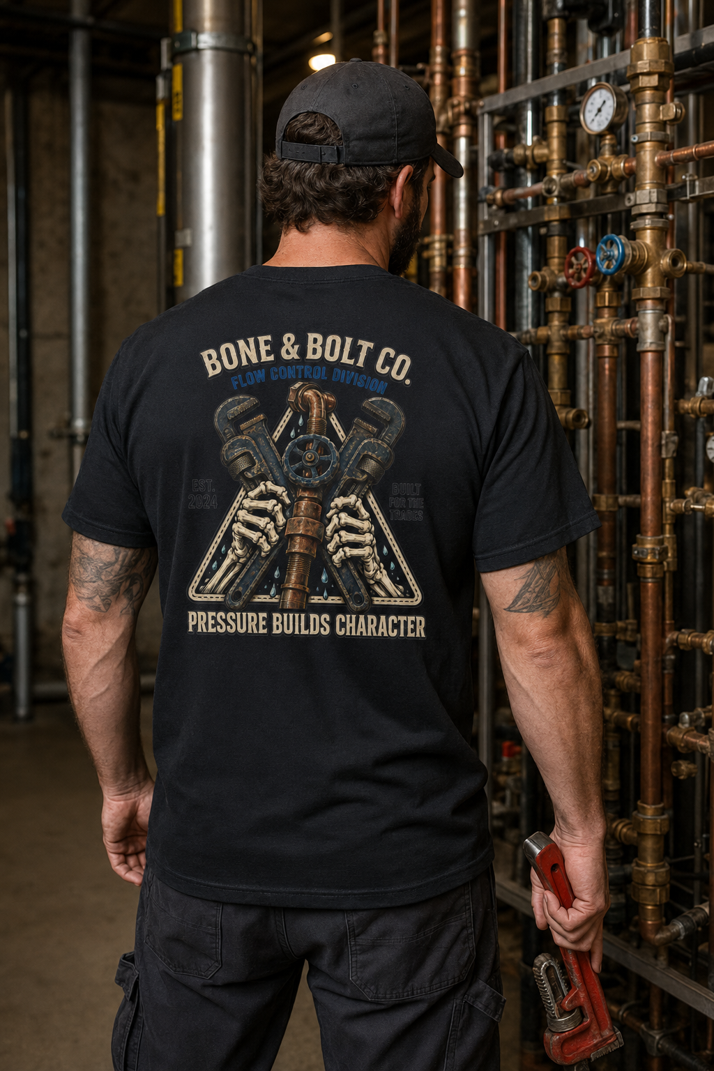 Plumber wearing Flow Control Division Tee in a mechanical room