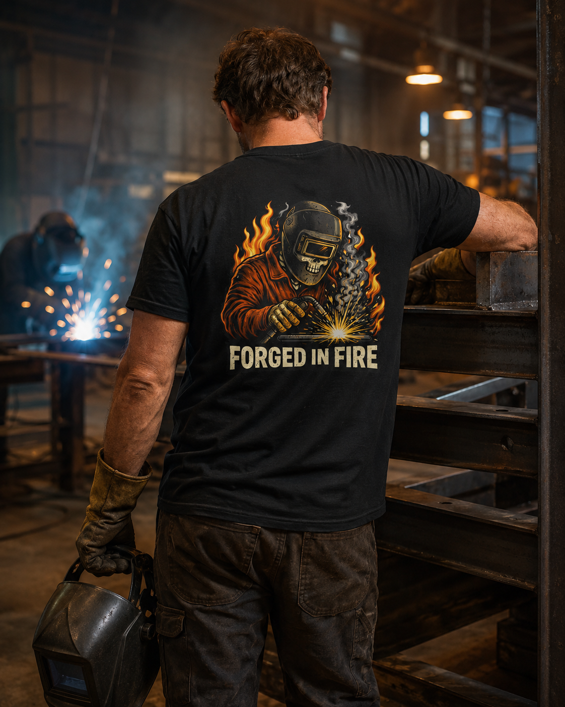 Welder wearing the Forged in Fire T-shirt in an industrial fabrication shop