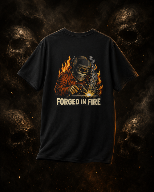 Forged in Fire T-shirt primary image on dark smoky skull background