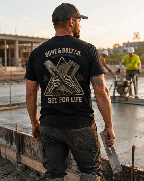 Concrete finisher wearing the Foundation Division Tee on a slab pour