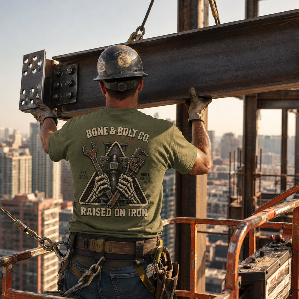 Ironworker wearing the High Steel Division Tee on a structural steel jobsite