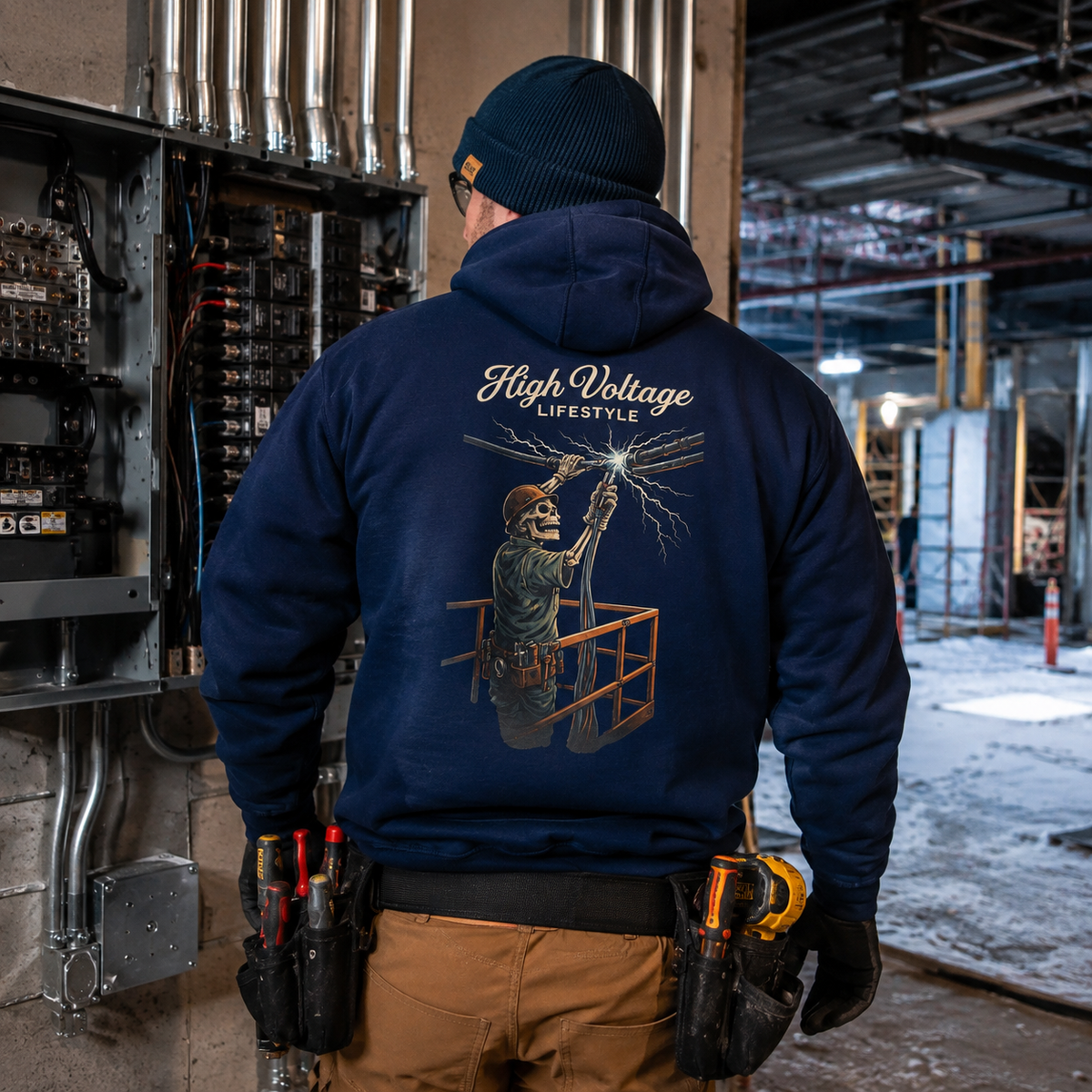 Electrician wearing High Voltage Lifestyle hoodie