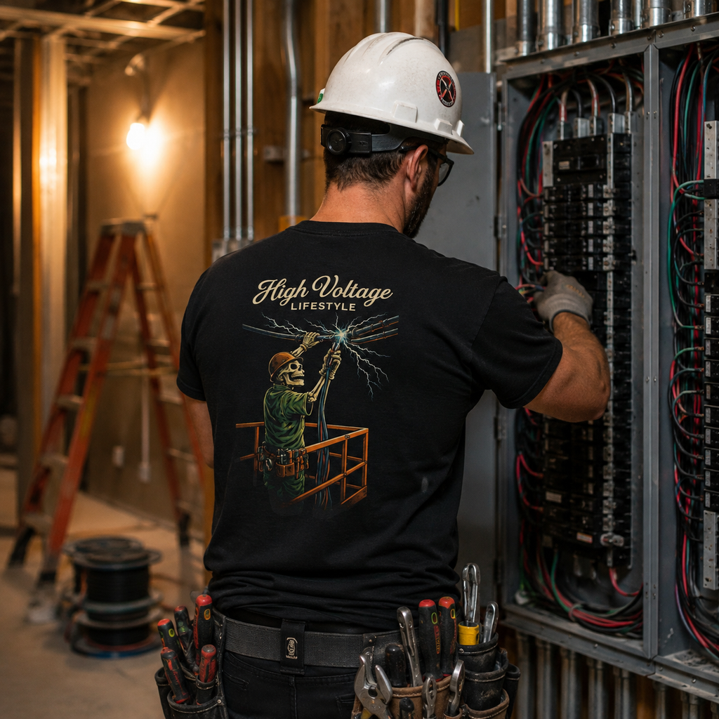 Electrician wearing High Voltage Lifestyle tee