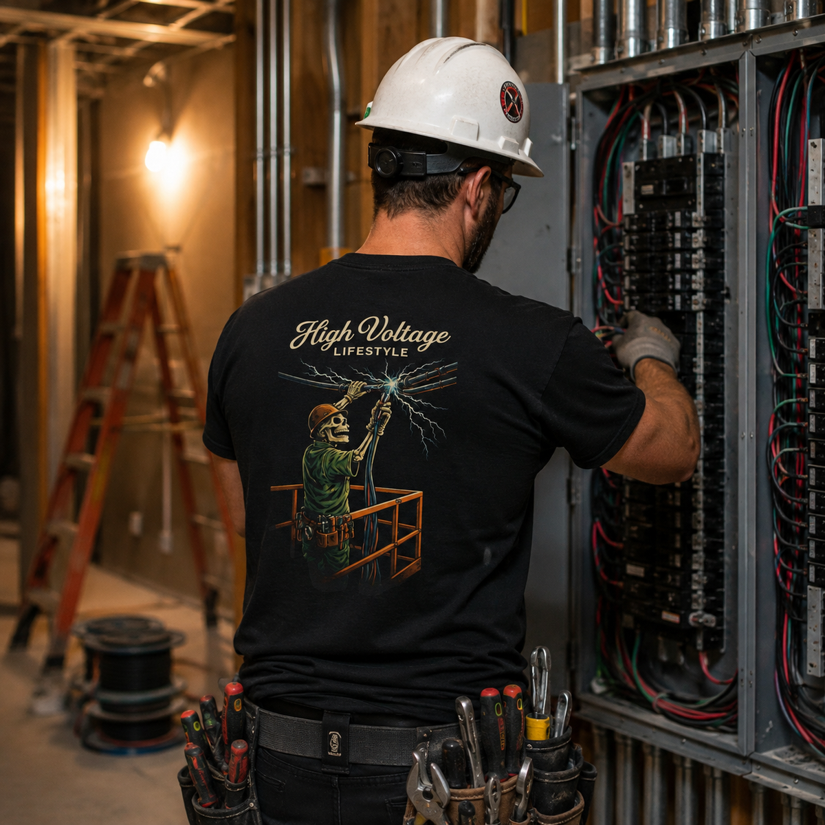 Electrician wearing High Voltage Lifestyle tee
