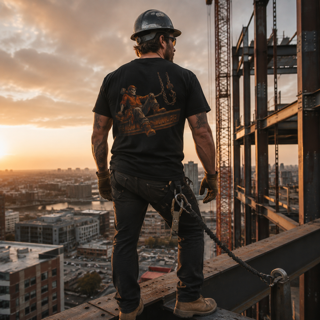 Ironworker wearing Bone and Bolt Ironworker T-shirt on a structural steel jobsite