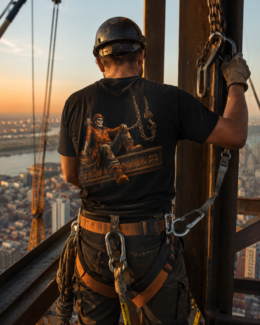 Ironworker wearing the Ironworker T-Shirt on a structural steel jobsite