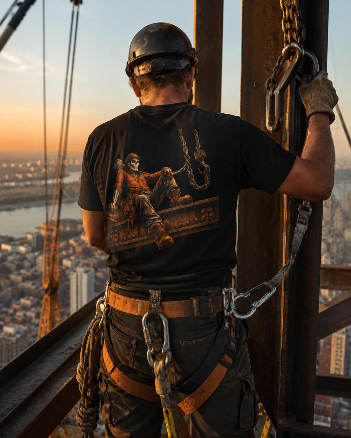 Ironworker wearing the Ironworker T-Shirt on a structural steel jobsite