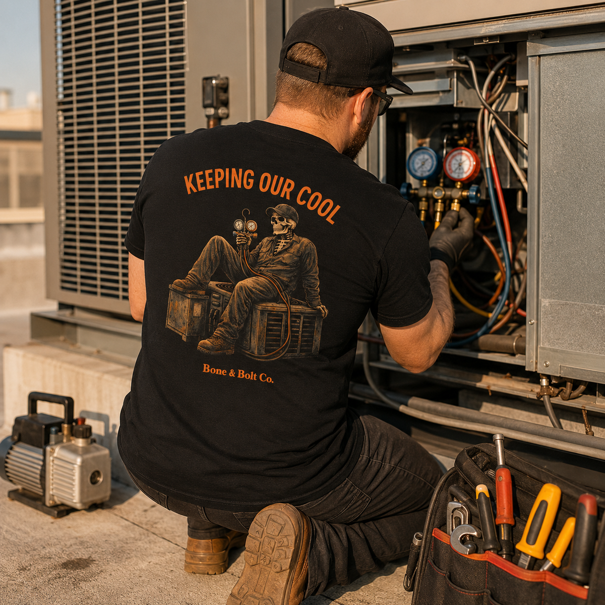 HVAC technician wearing Keeping Our Cool tee