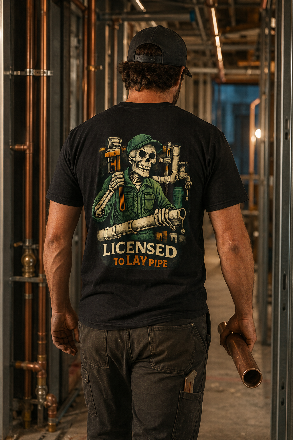 Plumber wearing Licensed to Lay Pipe T-shirt on a commercial jobsite