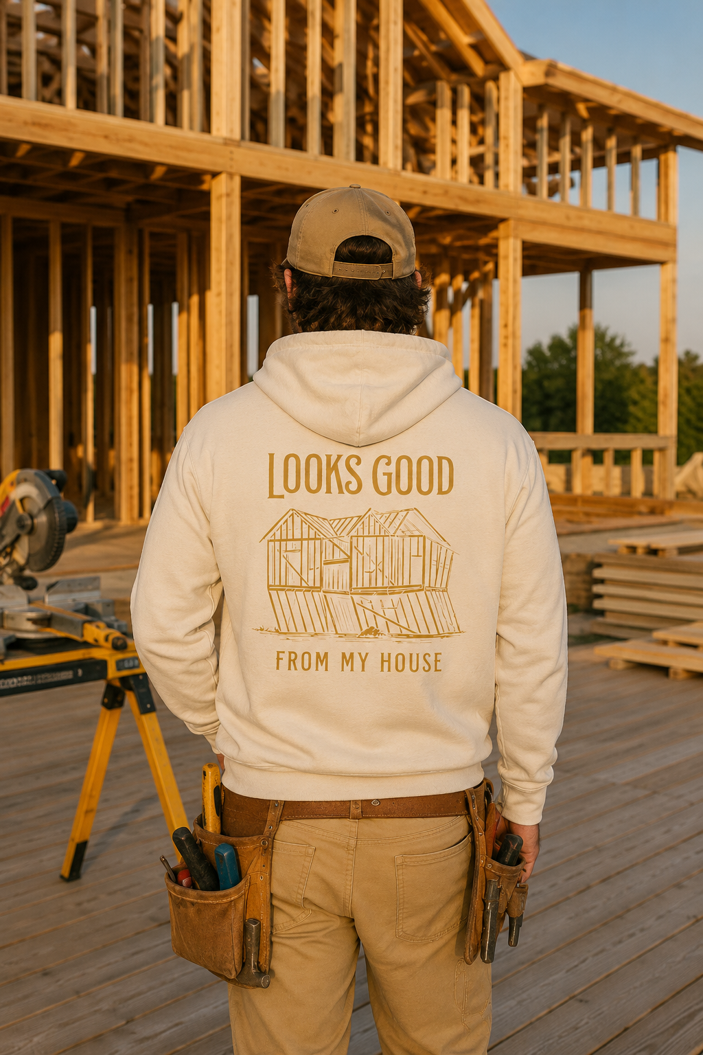 Carpenter wearing Looks Good From My House Graphic Hoodie