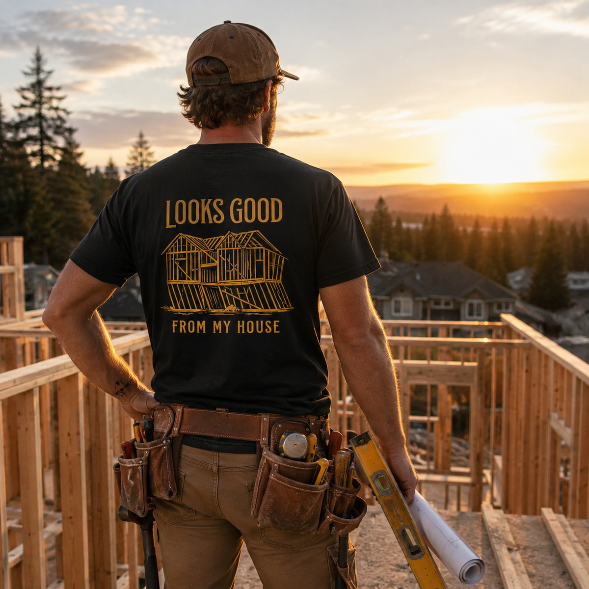 Carpenter wearing Looks Good From My House graphic tee at sunset