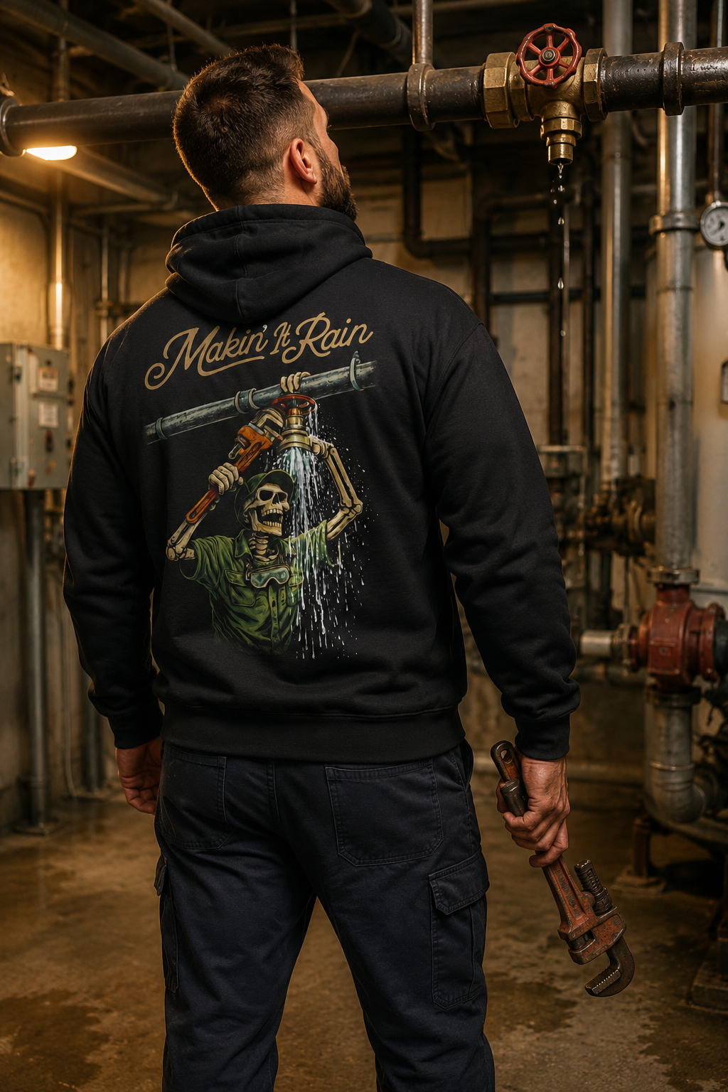 Plumber wearing Makin' It Rain Graphic Hoodie in a mechanical room
