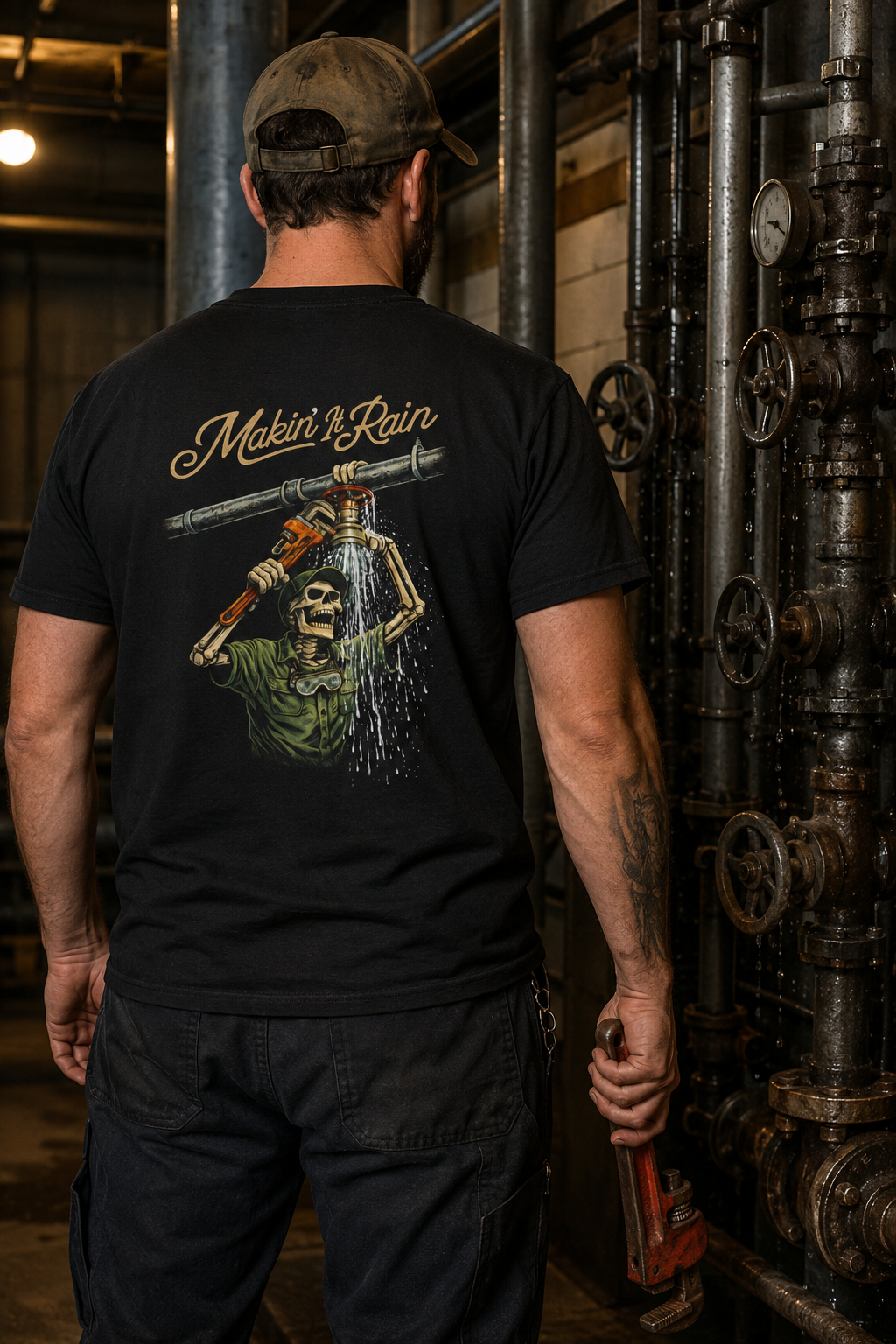 Plumber wearing Makin' It Rain Graphic Tee in a mechanical room