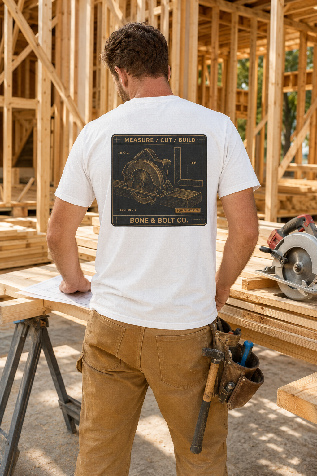 Carpenter wearing Measure Cut Build Tee