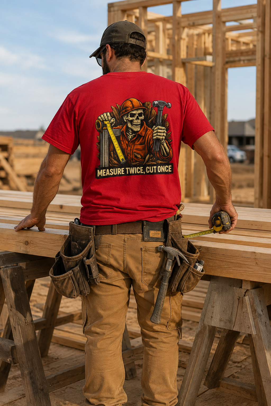 Carpenter wearing Measure Twice Cut Once T-shirt