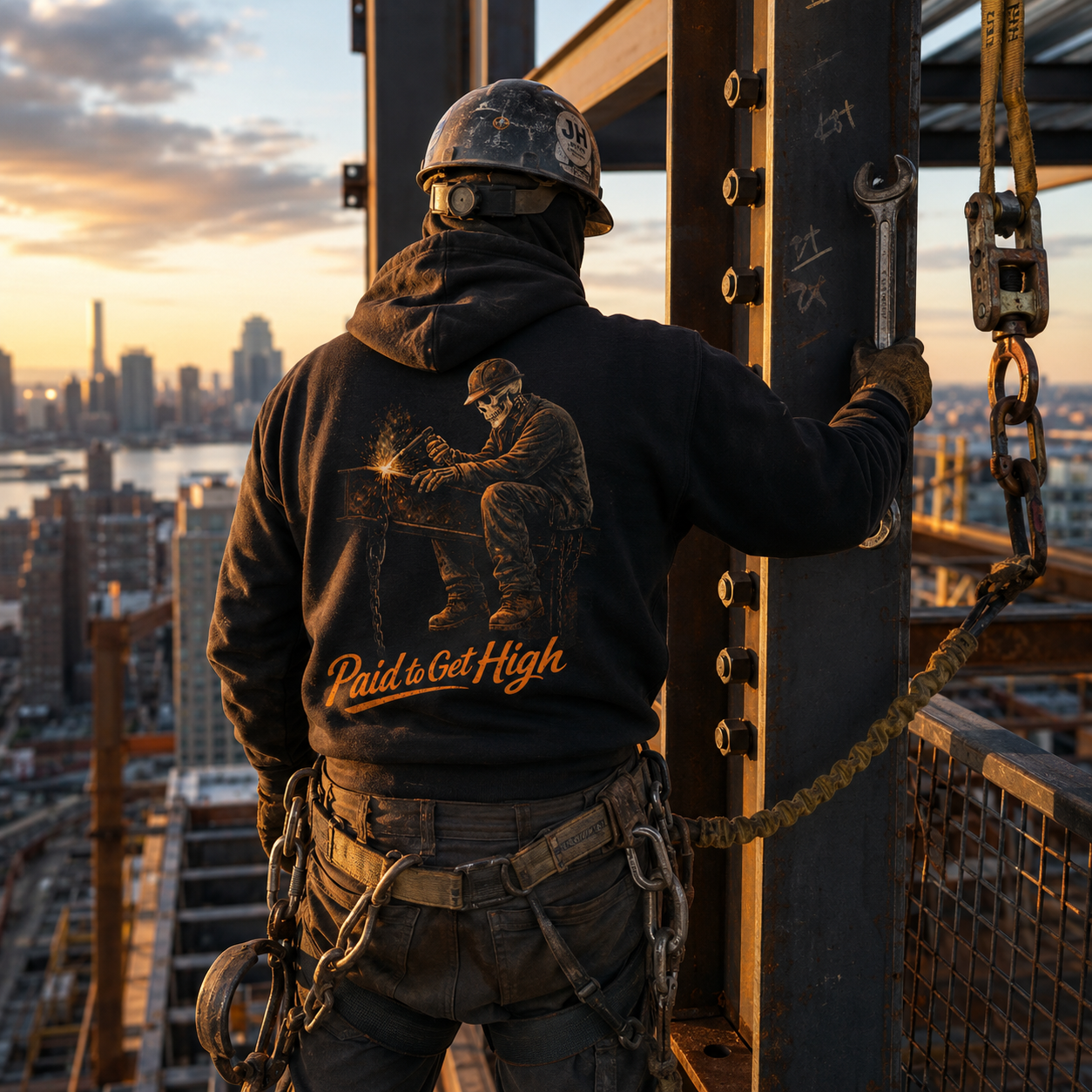 Ironworker wearing the Paid to Get High Hoodie on a structural steel jobsite