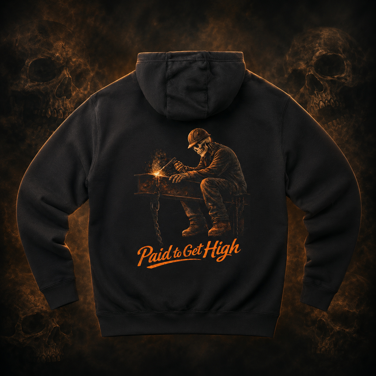 Paid to Get High Hoodie primary product image on dark smoky skull background