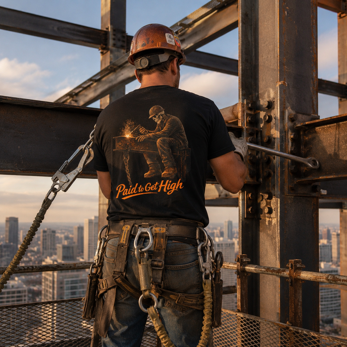 Ironworker wearing the Paid To Get High Tee on a structural steel jobsite