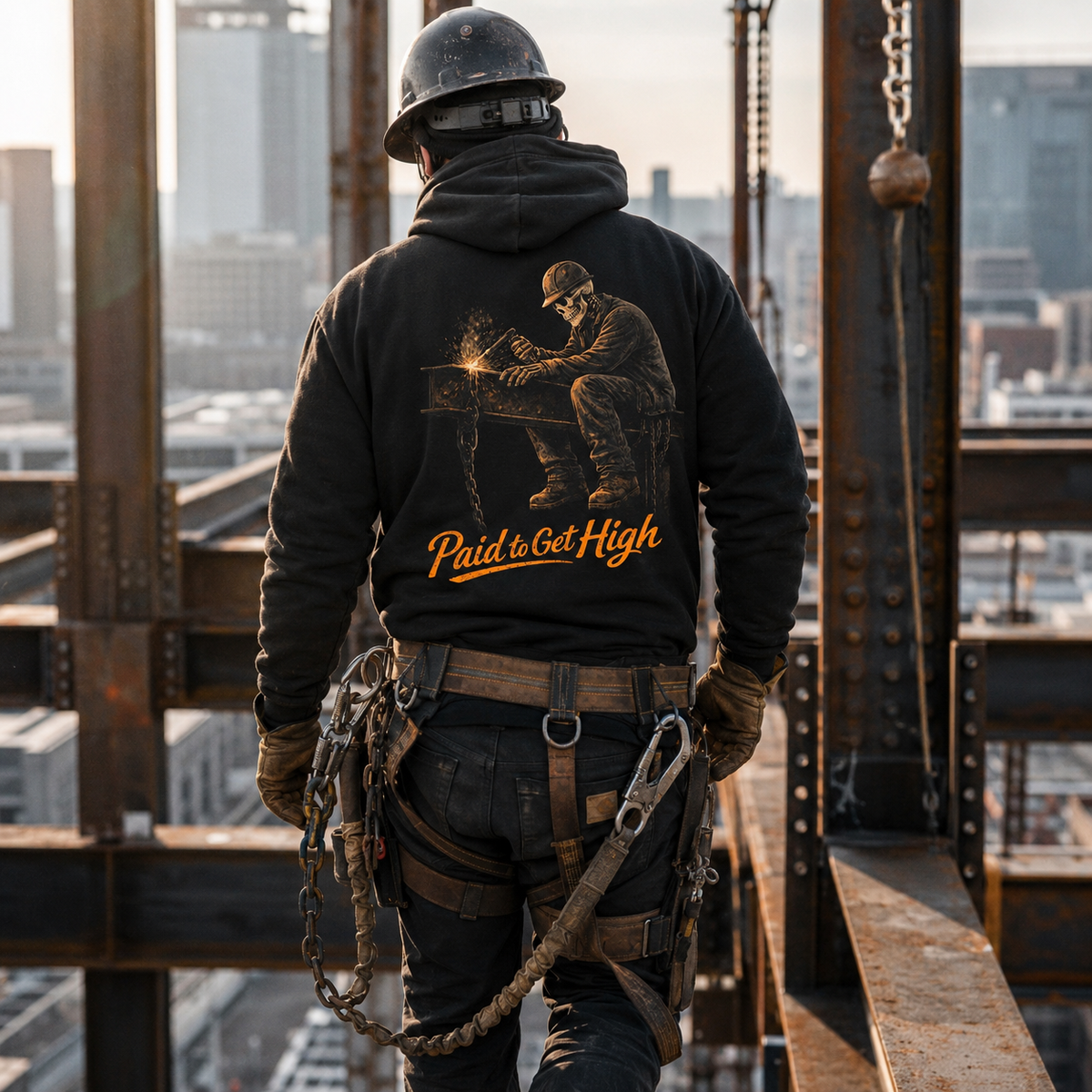 Ironworker wearing Paid to Get High hoodie on a high-rise steel jobsite