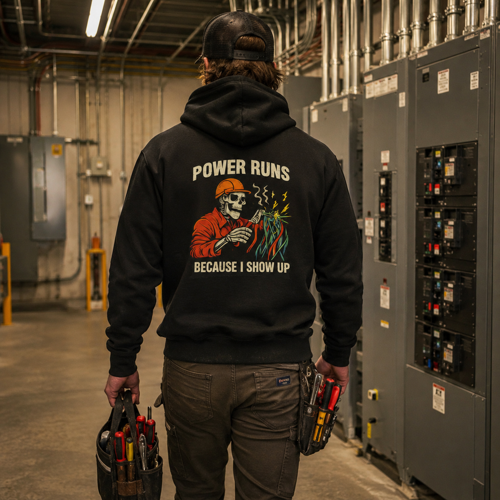Electrician wearing Power Runs Because I Show Up hoodie