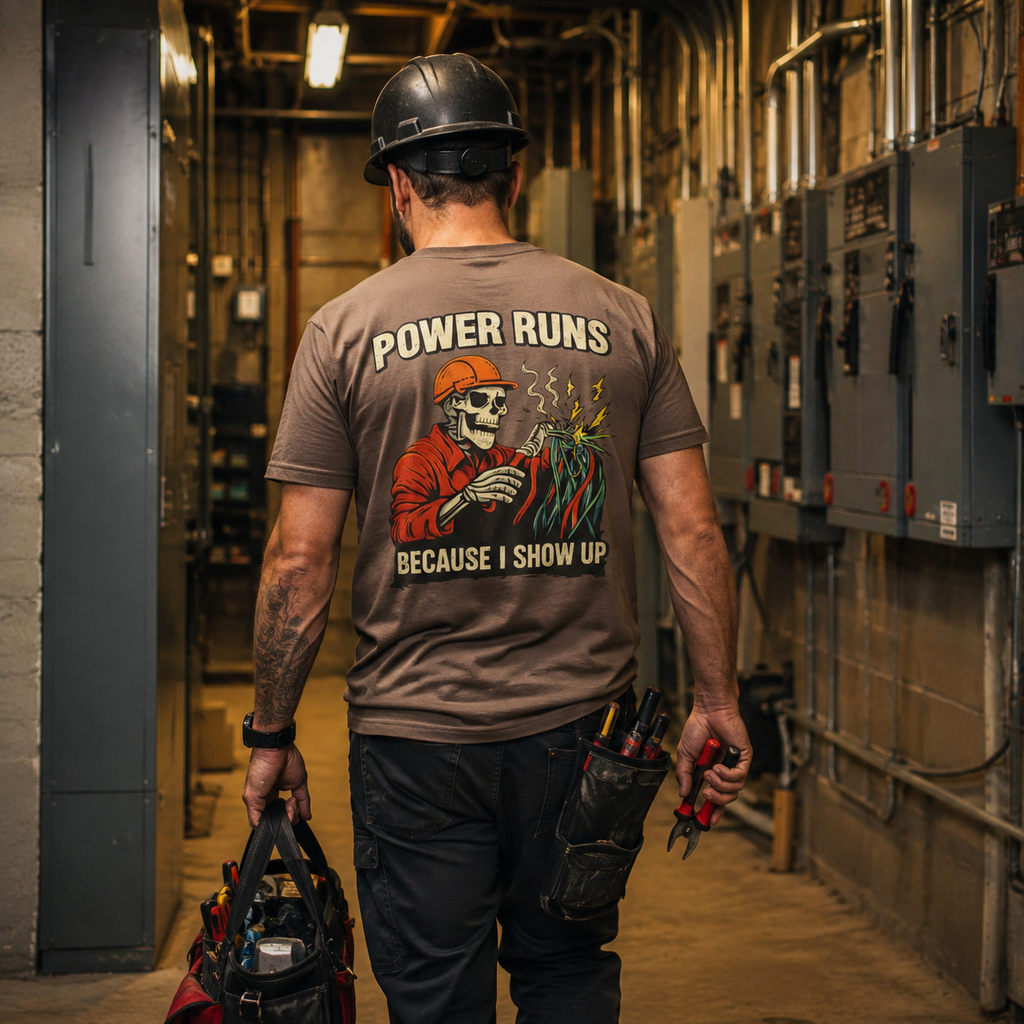 Electrician wearing Power Runs Because I Show Up tee