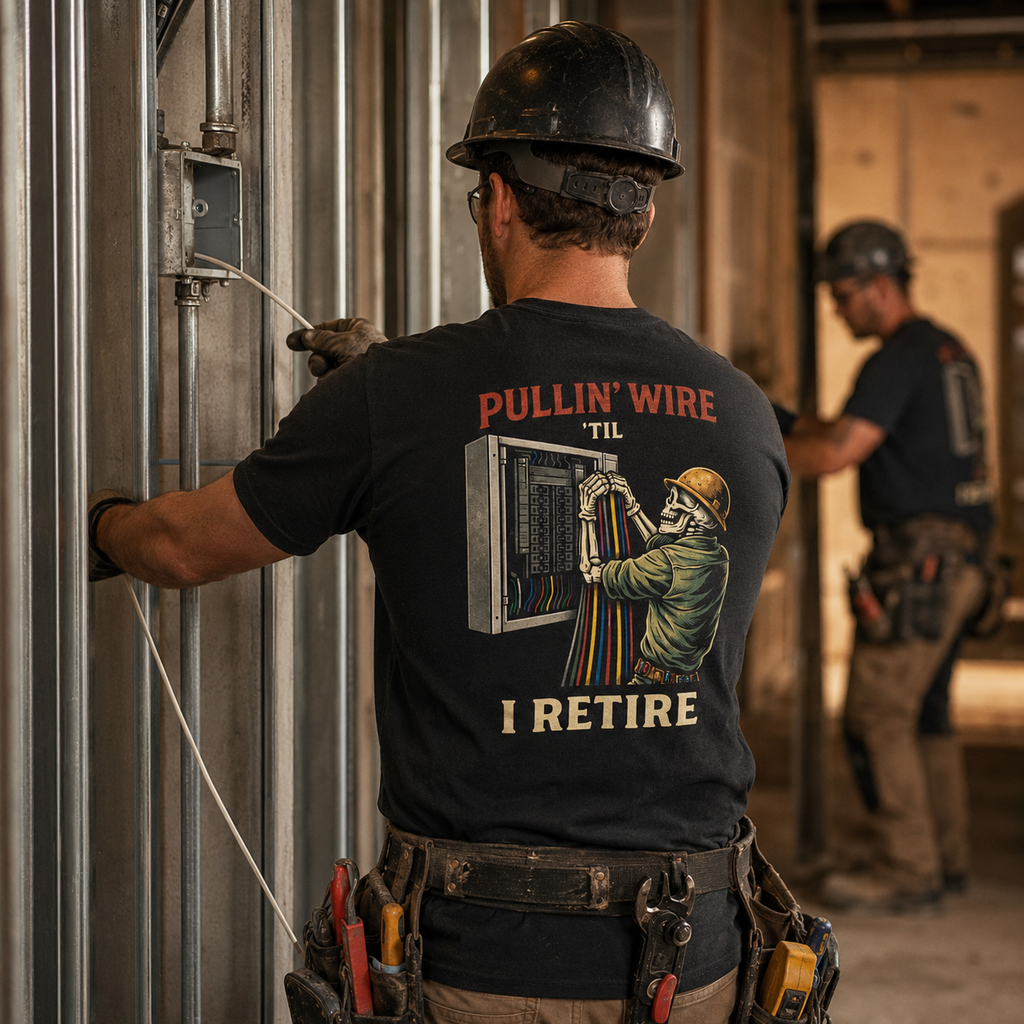 Electrician wearing Pullin Wire Til I Retire tee